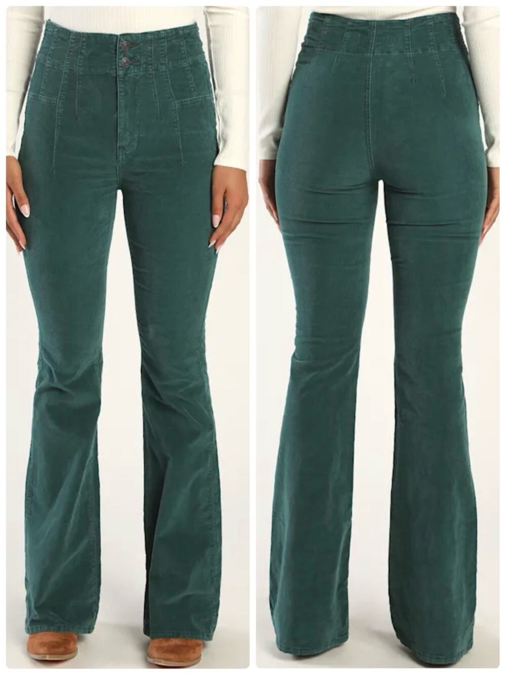 Free People Jayde High Rise Flare Corduroy Pants Forest Green Huntress Sz 30 NWT
